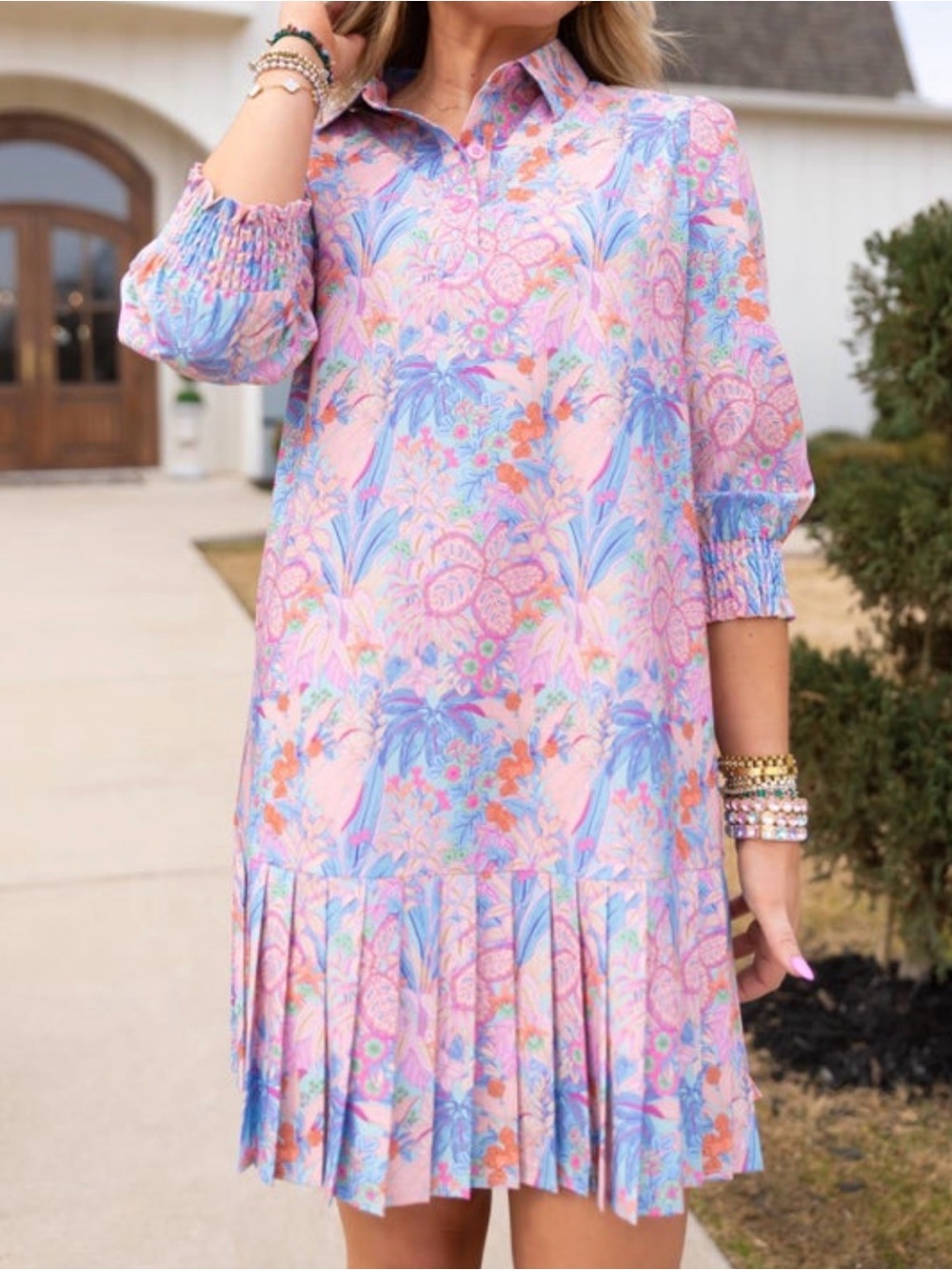 SSYS Floral Pink & Blue Pleated Long-Sleeve Dress - Picture 6 of 7